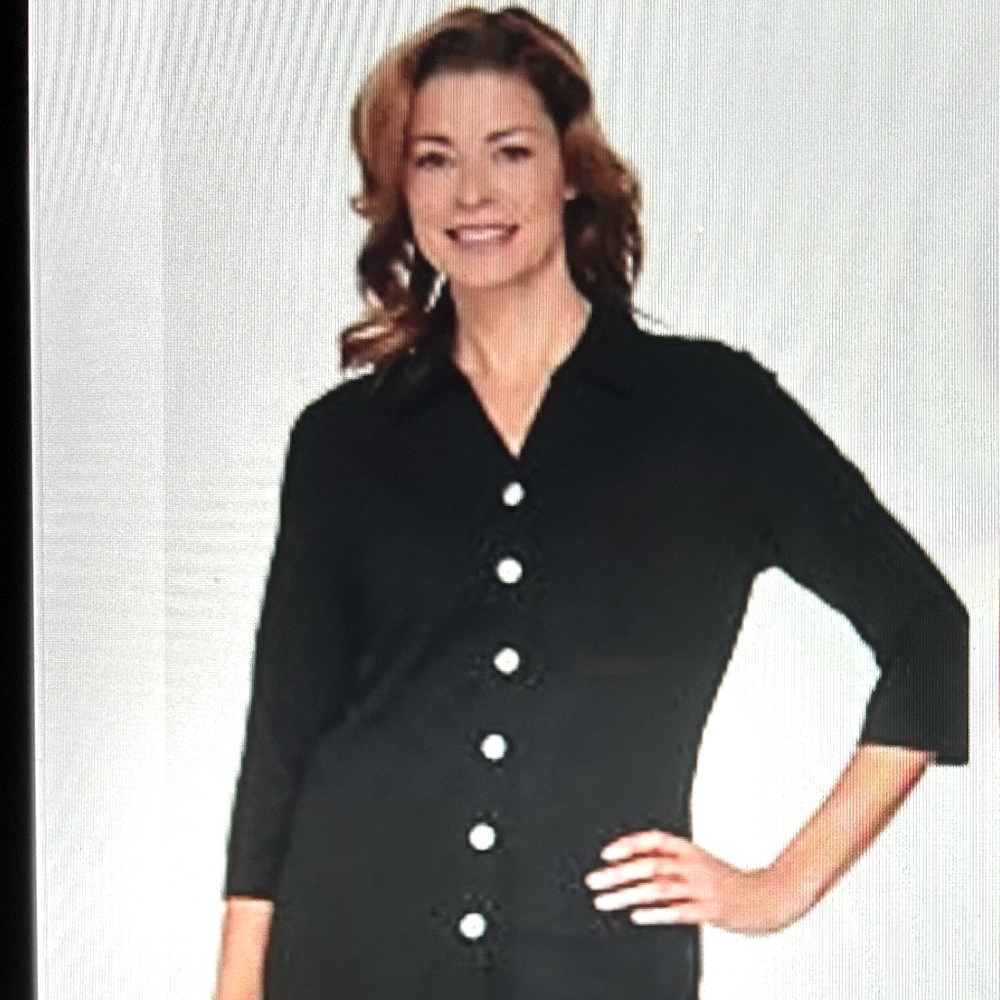 Denim & Co Black Button front collard V neck knit office work shirt top XXS